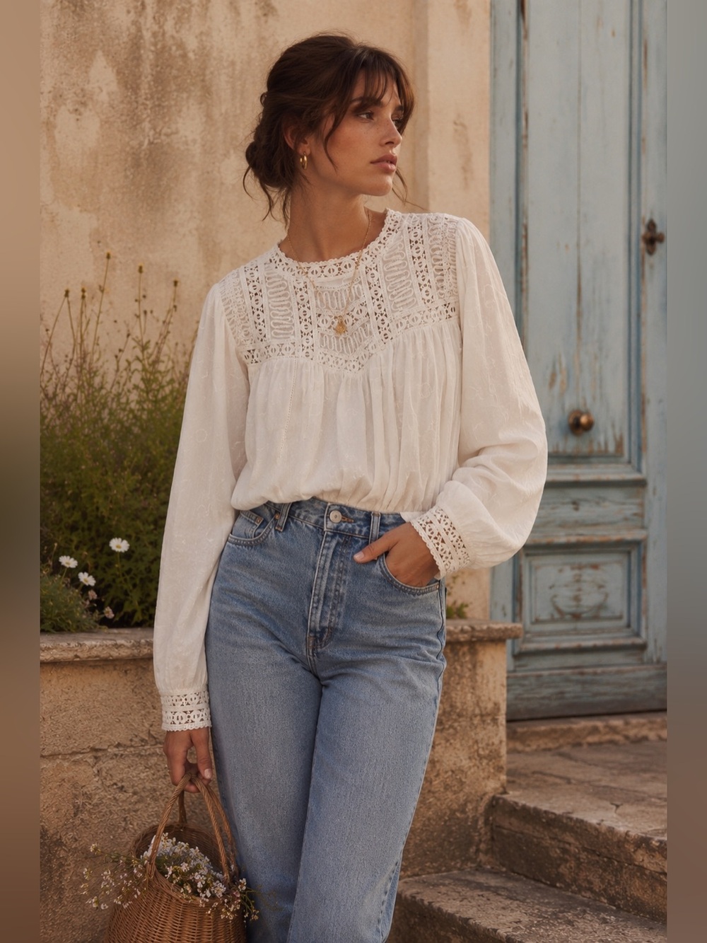 Anthropologie Ivory Lace Yoke Long-Sleeve Blouse